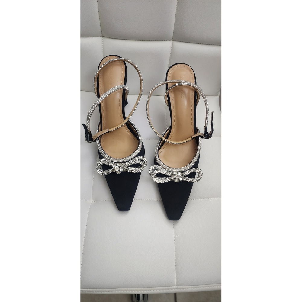 Tony Bianco Black Satin Rhinestone Bow Pointed Toe Block Heel Pumps Womens
